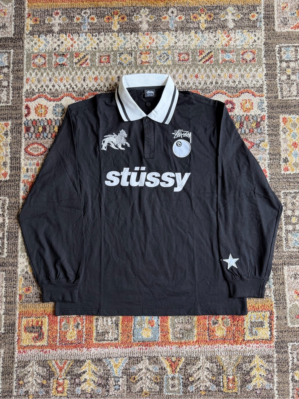 Stüssy Black Long-Sleeve Rugby Shirt with White Collar